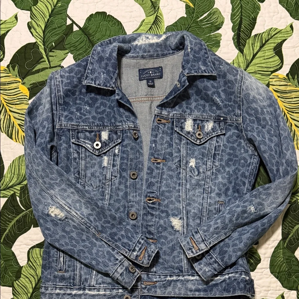 Lucky Brand Blue Leopard Print Distressed Denim Jacket - Picture 1 of 3